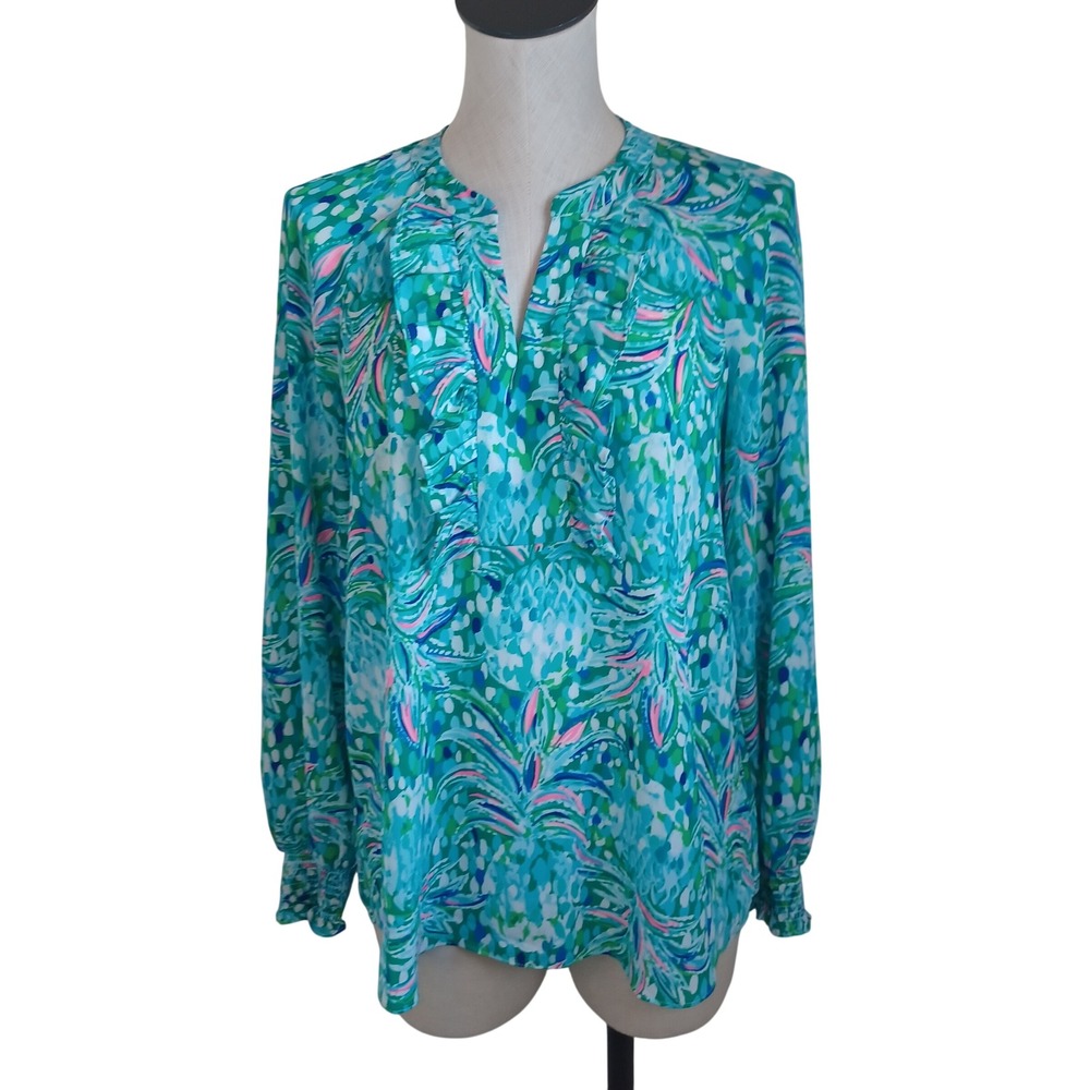 Lilly Pulitzer Elsa Top Teal Blue Abstract Pineapple Print Smocked Cuff Blouse S